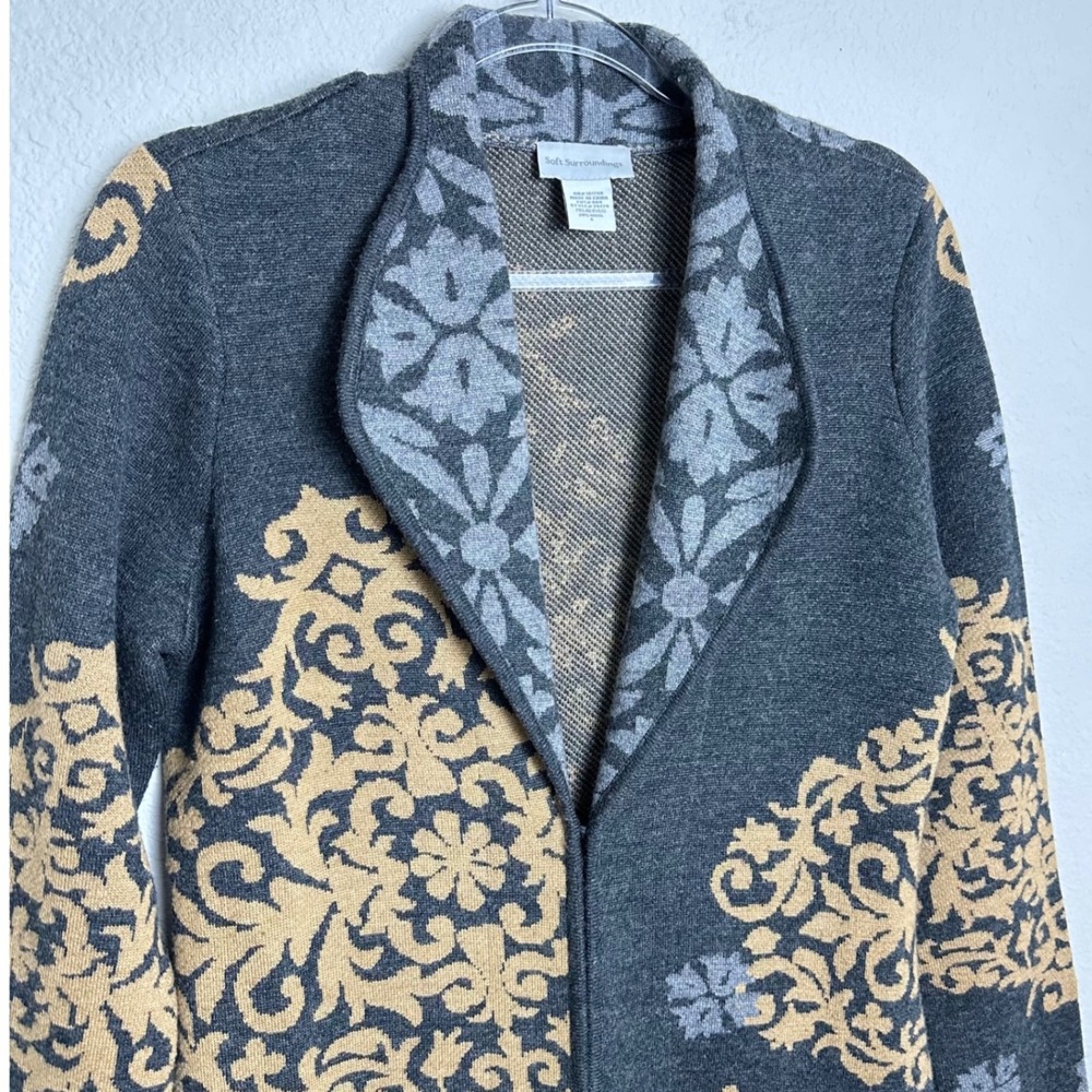 Soft Surroundings Damask Jacquard Wool Blend‎ Longline Cardigan Duster Grey S